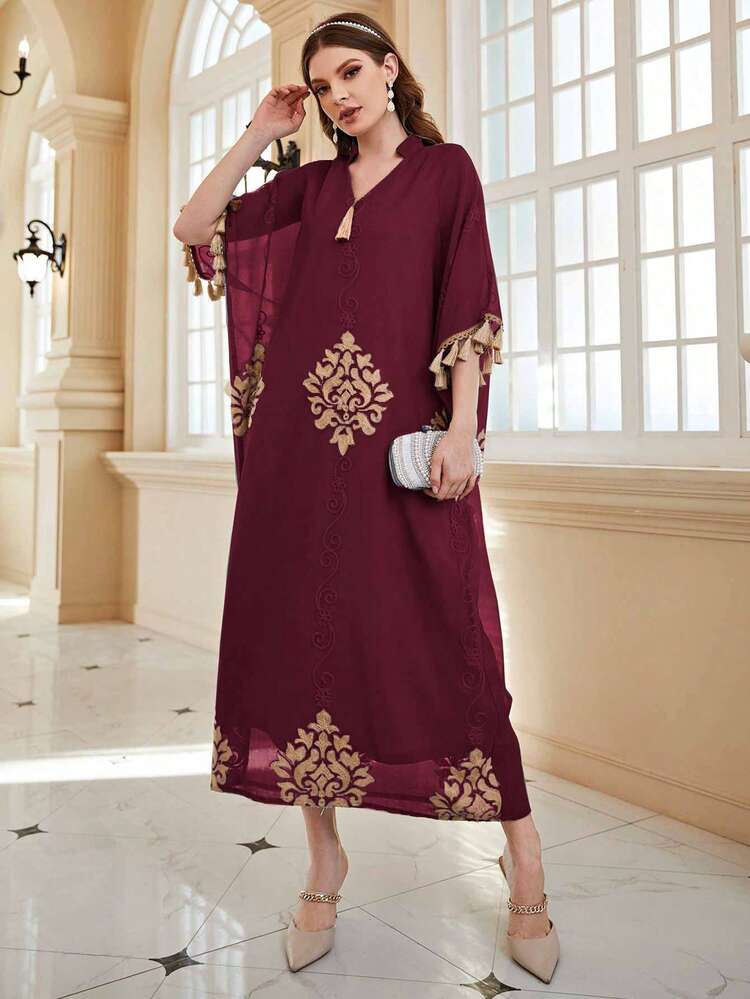Burgundy Red Loose Fit Embroidery Detailing Tassel Trimmed Edge Dress Kaftan Jalabiya Dress