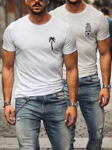 Manfinity Homme Men's Cactus & Coconut Tree Printed T-Shirt - White - View 1