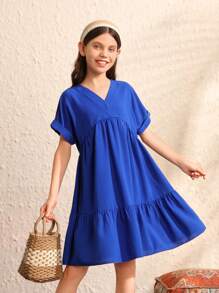 SHEIN 少女實色編織v領蝙蝠袖寬鬆休閒裝