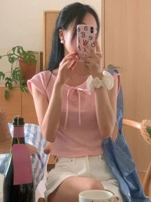 DAZY 女款純色領領帶細節 T 卹 - 粉色 - 查看 7
