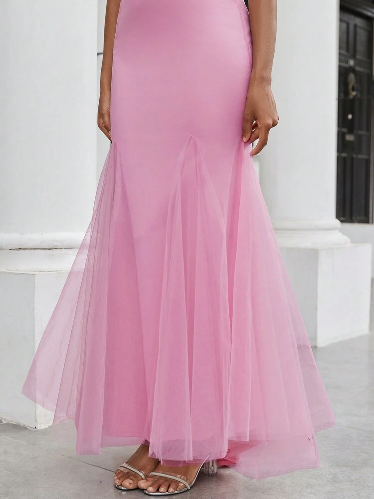 Elegant Gorgeous Charming Lotus Pink Spaghetti Straps Bust Cups Luxury Sequins Embroidery See-Through Taking Edge Splicing Decoration Fishbone High Waist Skinny Oversized Dress Long Mermaid And Under Swing Graduation Season Wedding Quarterly Fake Women Heavy Duty Evening Gowns