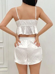 DAZY Conjunto De Pijama Con Pantalones Cortos Y Camisola Con Empalme De Encaje De Jacquard De Lunares De Satén