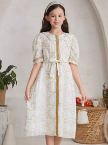 SHEIN 女孩刺繡泡泡袖連身裙 - 米色 - 查看 1