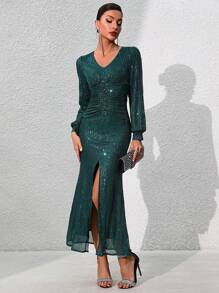 SHEIN Belle V Neck High Slit Long Sleeve Sequin Dress - Dark Green - View 5