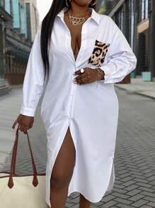 Maweii Plus Leopard Pocket Patched Button Front Shirt Dress Maxi Women Outfit - White - View 1