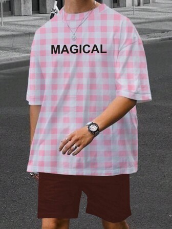 Manfinity Hypemode Men'S Letter & Plaid Pattern Round Neck T-Shirt