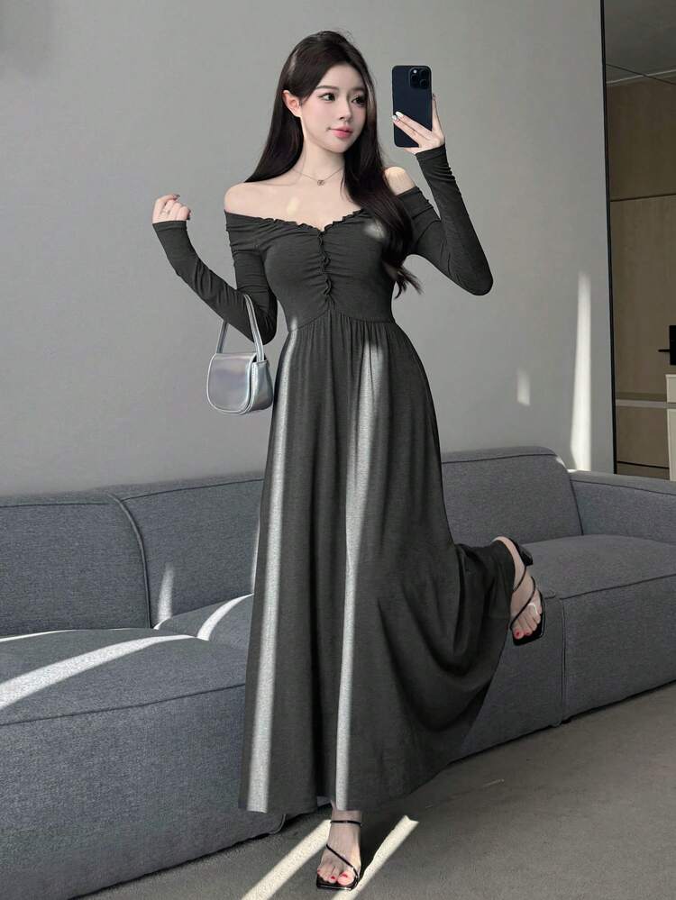 Women's Solid Color Long Sleeve Dress With Frill Hem,Fall Clothes