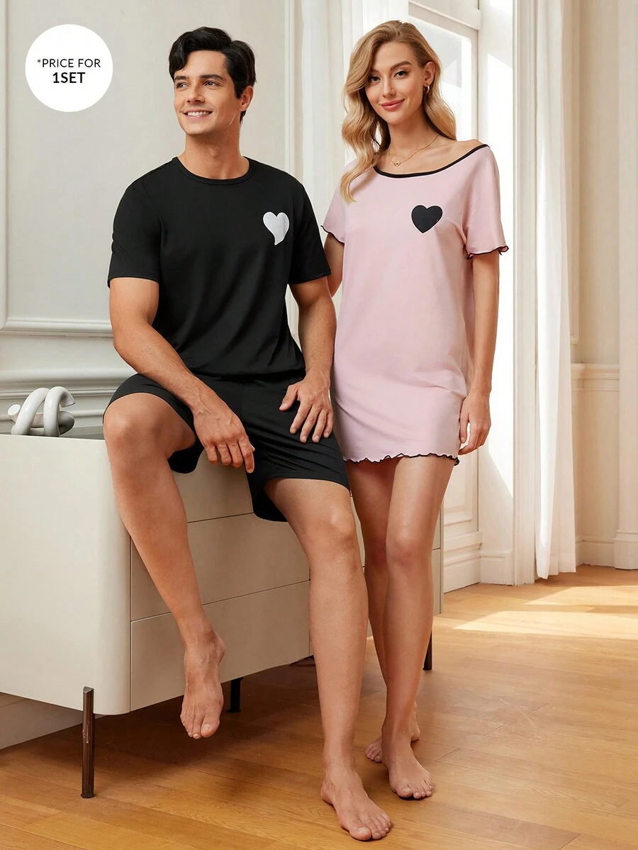 1套男士心形圖案短袖T恤和短褲家居服 - 黑色 - 查看 1