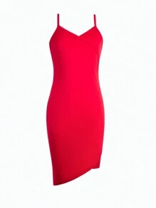 少女甜美复古细肩带连衣裙，下摆不对称 - 紅色 - 查看 1