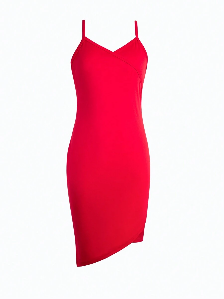 少女甜美复古细肩带连衣裙，下摆不对称 - 紅色 - 查看 1