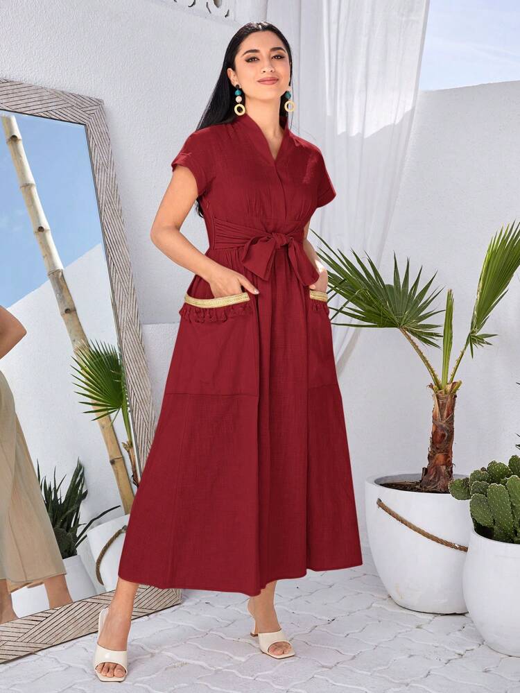 Women's Patchwork Tassel Double Pocket Waist Tie Arabic Style Dress Long Evening Dresses