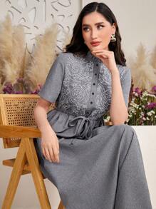 Seusyu 女士植物印花立領荷邊樣式短袖阿拉伯風格連衣裙 - 深灰色 - 查看 1