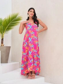 SHEIN Vestido longo feminino casual floral com alça fina em viscose - Multicolorido - Visão 4