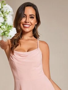 EVERPRETTY Chiffon Cowl Neck Cold Shoulder Contrast Bridesmaid Dress - Pink - View 5