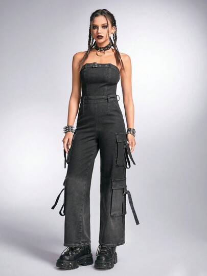 Grunge Punk Denim Jumpsuit With Bib Pocket And Straight Leg Design, Stonewashed