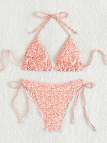 SHEIN Swim 女士碎花露背系带比基尼套装夏季海滩 - 粉色 - 查看 8