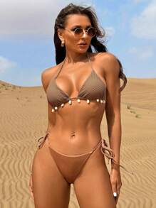 SHEIN Swim Summer Shell Decor Halter Bikini Set - Multicolor - View 3