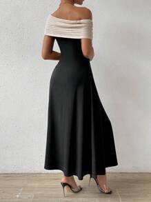 Chiquease Color-Contrast Asymmetric Neckline Dress - Black - View 4