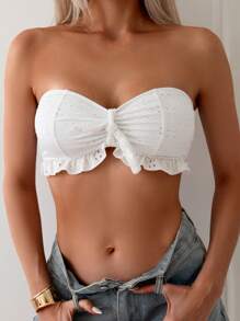 SHEIN Swim 刺绣纯色抹胸比基尼上衣，前部带结，适合夏季、海滩、游泳和度假 - 白色 - 查看 1