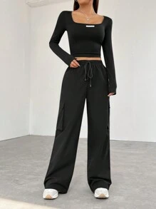 SHEIN EZwear Slim-fit T-shirt met patchwork, vierkante kraag en cargobroek