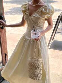 DAZY Women's Solid Color V-Neck Puff Sleeve Short Dress Sundress,Casual Women Dresses - Apricot - View 8