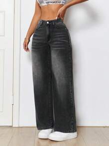 SHEIN PETITE Women's Casual Cat Whisker Design Loose Fit Jeans
