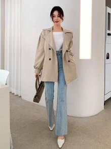 DAZY 女士纯色翻领双排扣长袖休闲商务风衣，秋装女装夹克 - 杏色 - 查看 4