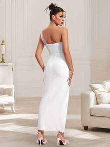 Crystal Embellished Net Yoke Asymmetric Slit Hem Satin Cocktail Dress