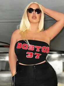 SHEIN SXY Plus Size Letter & Number Printed Bandeau Top With Ties