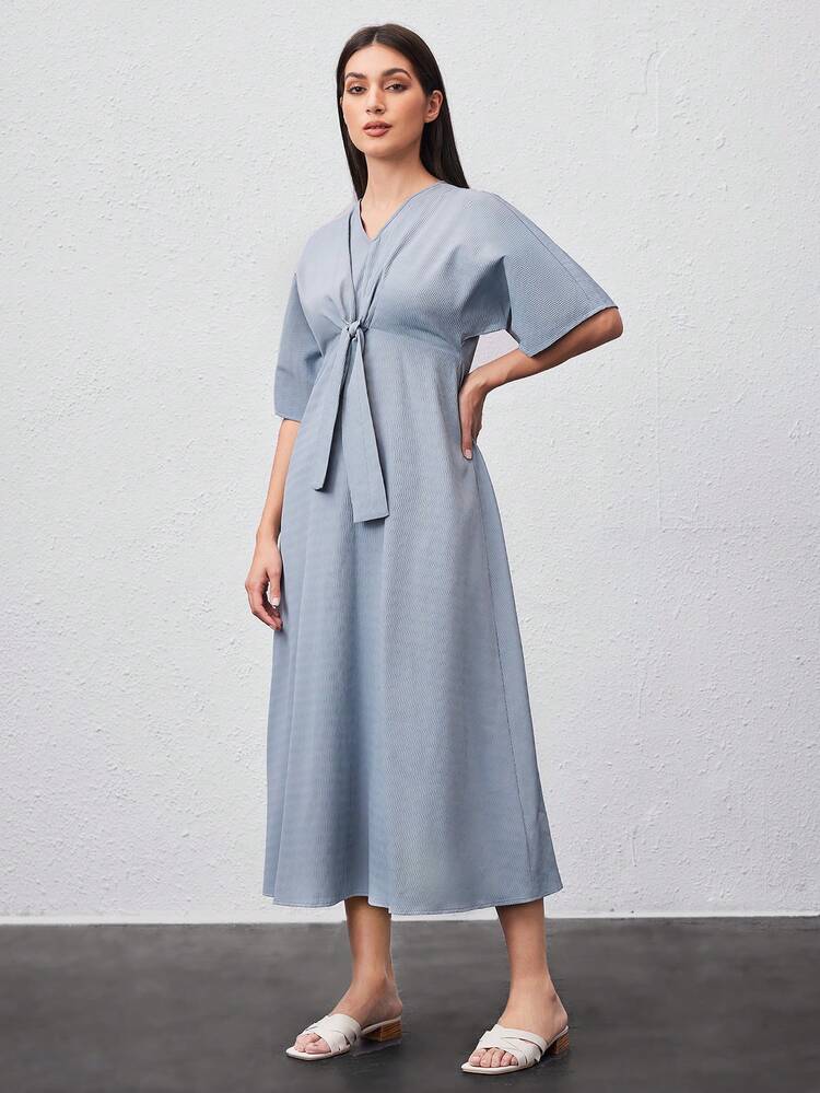 Ladies' Solid Color Batwing Sleeve Dress With Waist Tie