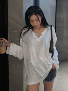 DAZY 纯色宽松纽扣前襟半襟落肩长袖 T 恤，秋季服装 - 白色 - 查看 7