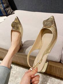 Fall/Winter Fashionable Pointed Toe, Square Buckle, Chunky Heel, Flat Shoes For Women - Gold - View 7