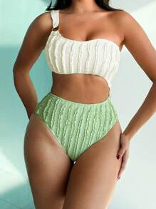 SHEIN Swim 女士對比色中空一件式泳衣音樂節 - 彩色 - 查看 3
