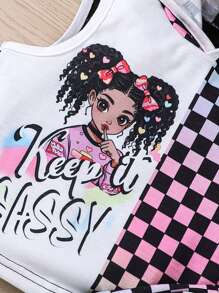 女童春夏连帽上衣短裤套装，饰有肖像和字母印花细节，拼接棋盘格设计，适合学校、校园、大学穿着。