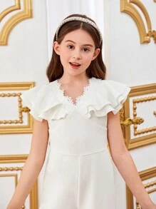 SHEIN Tween Girls' Jumpsuit With Ruffle Hem For Casual Wear
