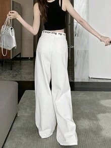 腰部折疊闊腿牛仔褲 - 白色 - 查看 2