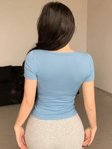 DAZY Áo thun nữ tay ngắn cổ vuông màu trơn, áo croptop nữ, áo nữ đi chơi. - Màu xanh nhạt - Xem 7