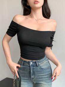 DAZY 纯色露肩短款上衣，紧身设计，夏季 - 黑色 - 查看 5