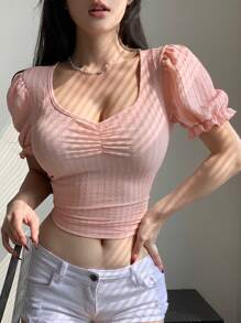 DAZY 女士純色泡袖短款上衣,有情人的領子設計