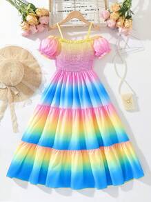 SHEIN Tween Girls' Gradient Multicolor Off Shoulder Spaghetti Strap Dress,Holiday,Summer,Travel - Multicolor - View 1