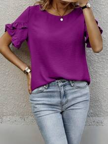 SHEIN Clasi 純色荷葉邊帽袖上衣 - 紫色 - 查看 3