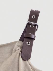 SHEIN MOD Earhty Color System Metal Label Accessories Swing Collar Slim Fit 2 In 1 Draped Collar Khaki Tank Top For Summer With Leather Buckle Design - Khaki - View 3