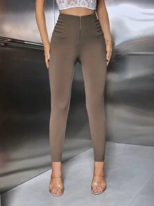 SHEIN Essnce Pantalones ajustados sólidos para mujer con cierre de cremallera - Marrón - Ver 5