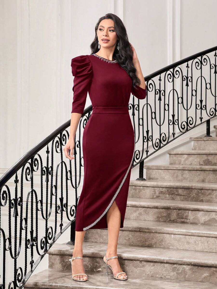 SHEIN Modely Burgundy Red Puff Sleeve Rhinestone Top & Tape Trim Wrap