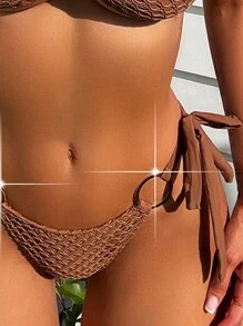SHEIN Swim 紋理露背領圈細節文胸和游泳下著比基尼套裝，夏日海灘泳裝 - 咖啡棕 - 查看 3