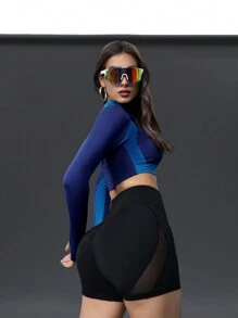 Sport Innovista dành cho nữ Khối màu co giãn cao, áo crop top dài tay hở lưng, áo phông thể thao, áo mùa hè Tập luyện hàng ngày và thường ngày,Áo tập luyện - Màu xanh hải quân - Xem 4