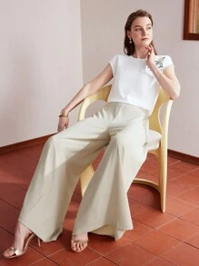 MOTF PREMIUM Pantalones Sólidos De Pierna Ancha - Albaricoque - Ver 2