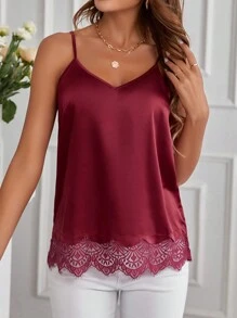 SHEIN Clasi 女士純色蕾絲拼接背心上衣 - 酒紅色 - 查看 5