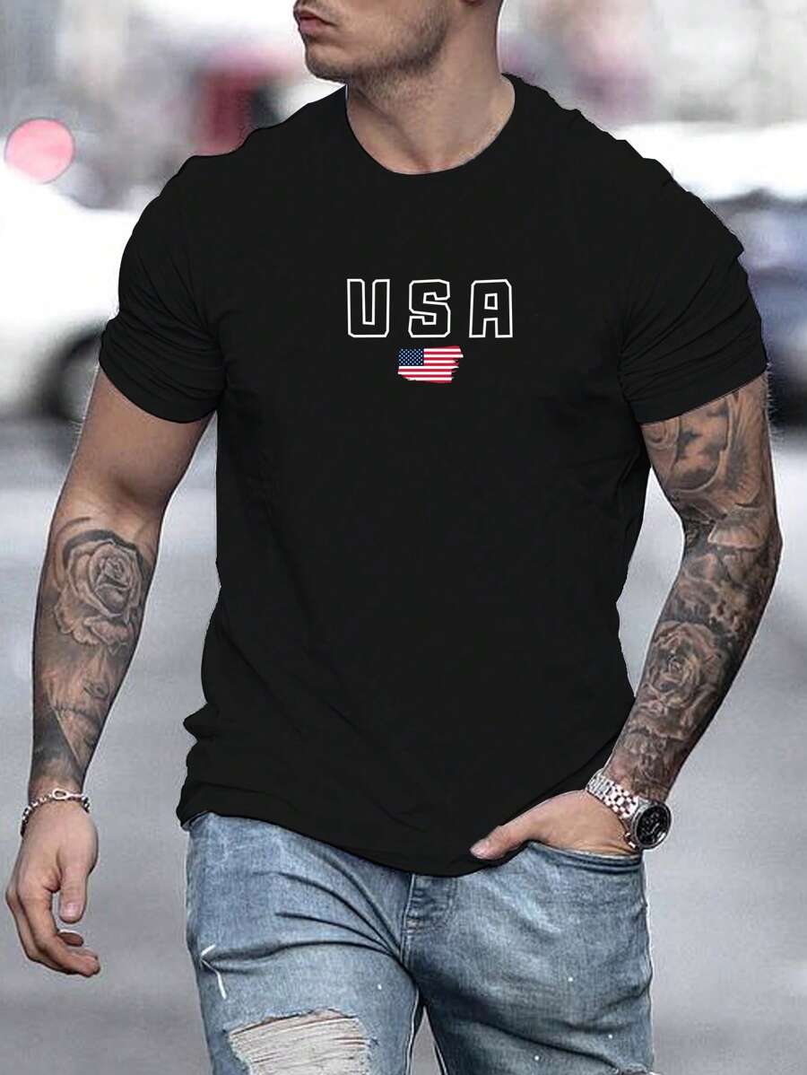 Manfinity LEGND 男士美国字母和国旗印花休闲短袖T恤，适合外出，适合丈夫 - 黑色 - 查看 1