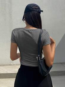 DAZY Áo thun cổ tròn tay ngắn ôm vừa vặn màu trơn, áo crop top nữ thời trang thanh lịch - Màu xám đen - Xem 2